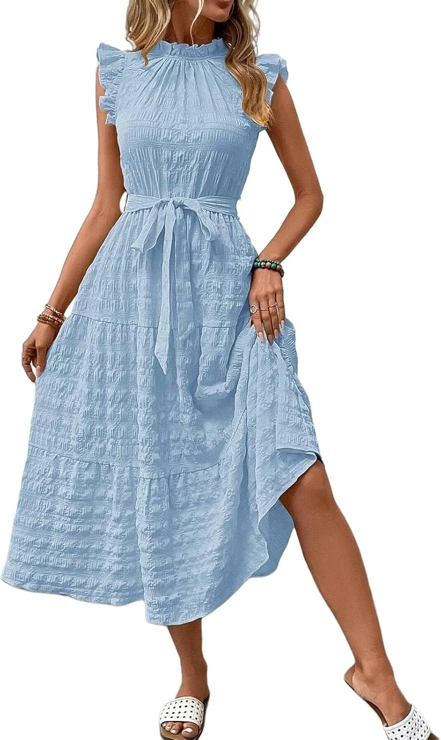 Casual Dresses for Women Ruffle Crewneck Belt Dress Puff Short Sleeve Maxi Dresses Smocked Flowy Ruffle Boho Dress