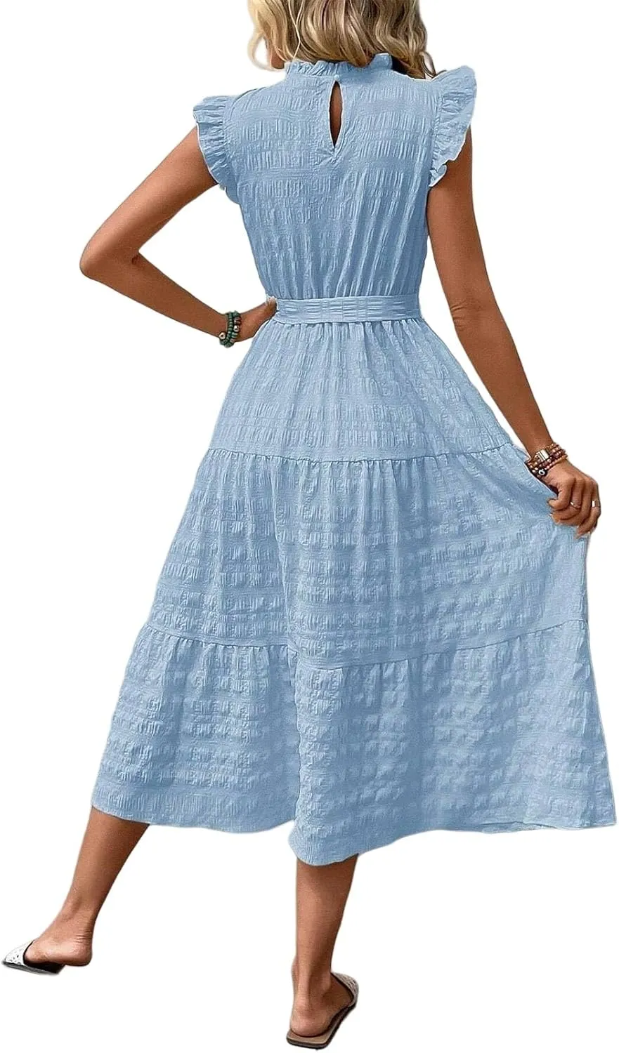 Casual Dresses for Women Ruffle Crewneck Belt Dress Puff Short Sleeve Maxi Dresses Smocked Flowy Ruffle Boho Dress
