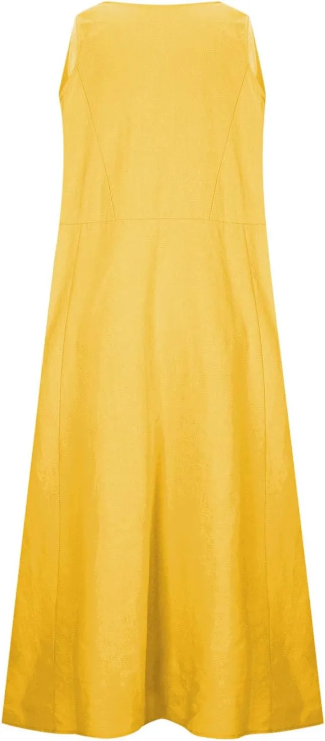 Casual Linen Dress Women Sleeveless Long Flowy Sundress A Line Boho Summer Dress for Beach Vacation Maxi Cruise Dress