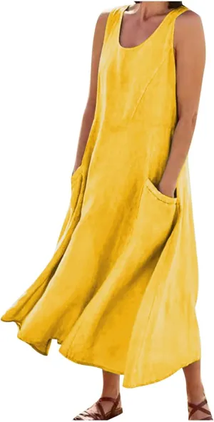 Casual Linen Dress Women Sleeveless Long Flowy Sundress A Line Boho Summer Dress for Beach Vacation Maxi Cruise Dress