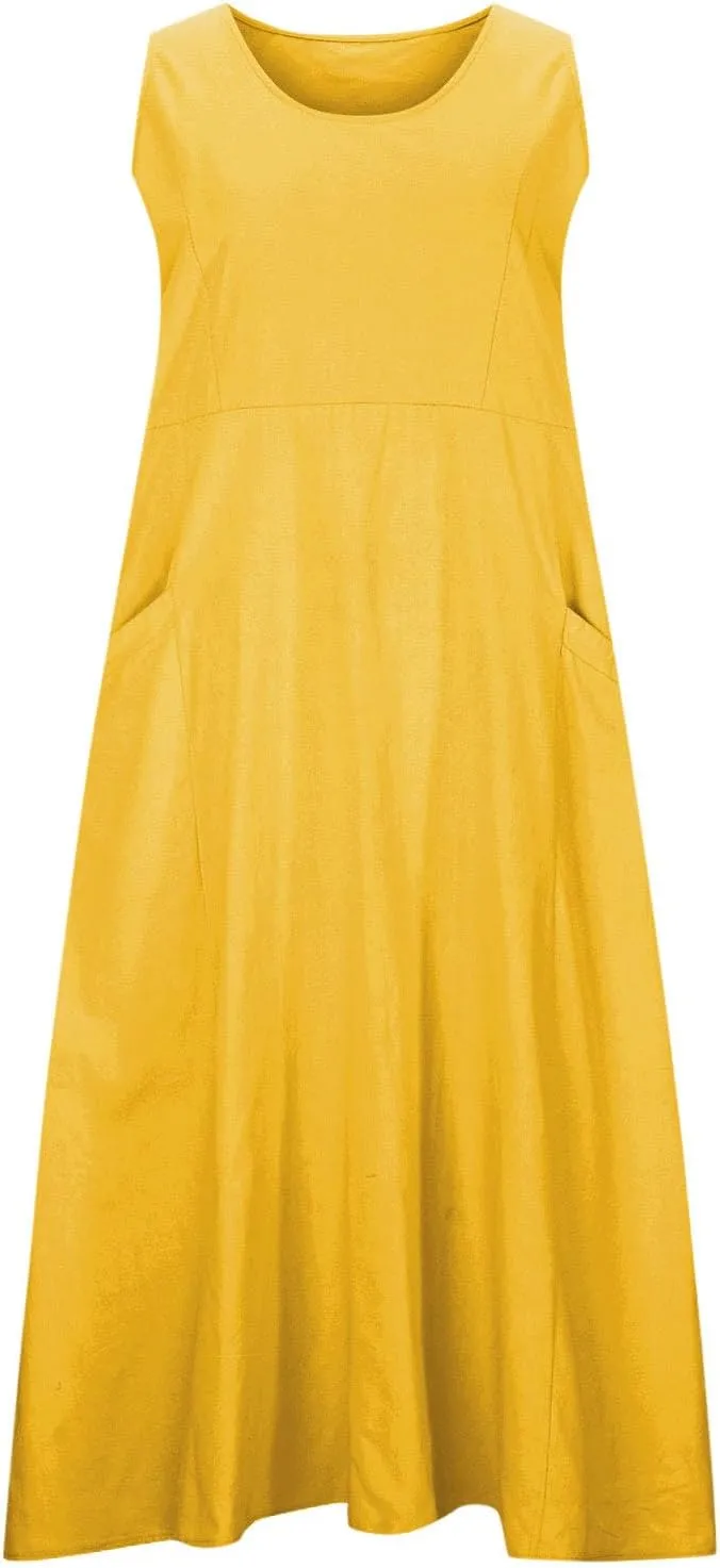 Casual Linen Dress Women Sleeveless Long Flowy Sundress A Line Boho Summer Dress for Beach Vacation Maxi Cruise Dress