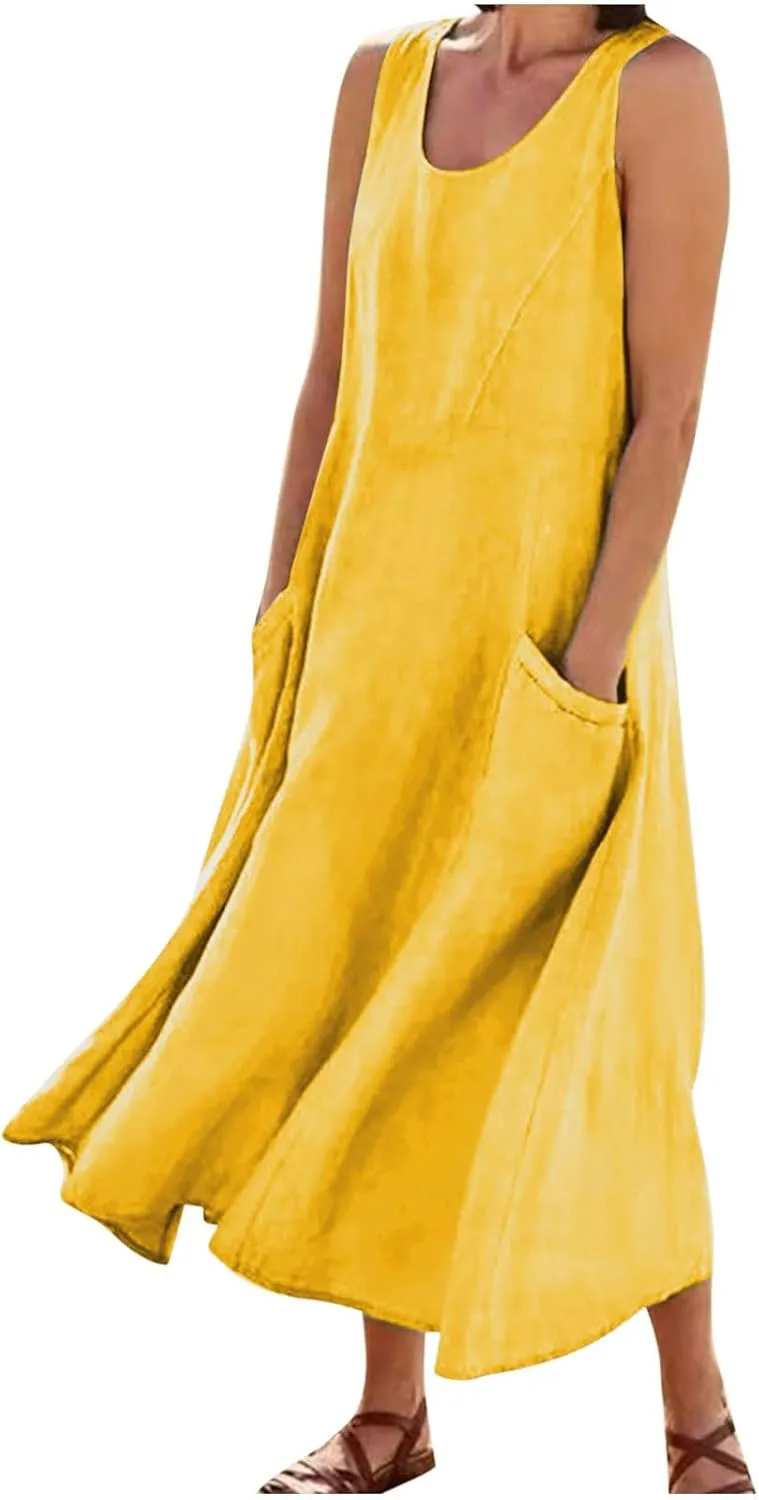 Casual Linen Dress Women Sleeveless Long Flowy Sundress A Line Boho Summer Dress for Beach Vacation Maxi Cruise Dress