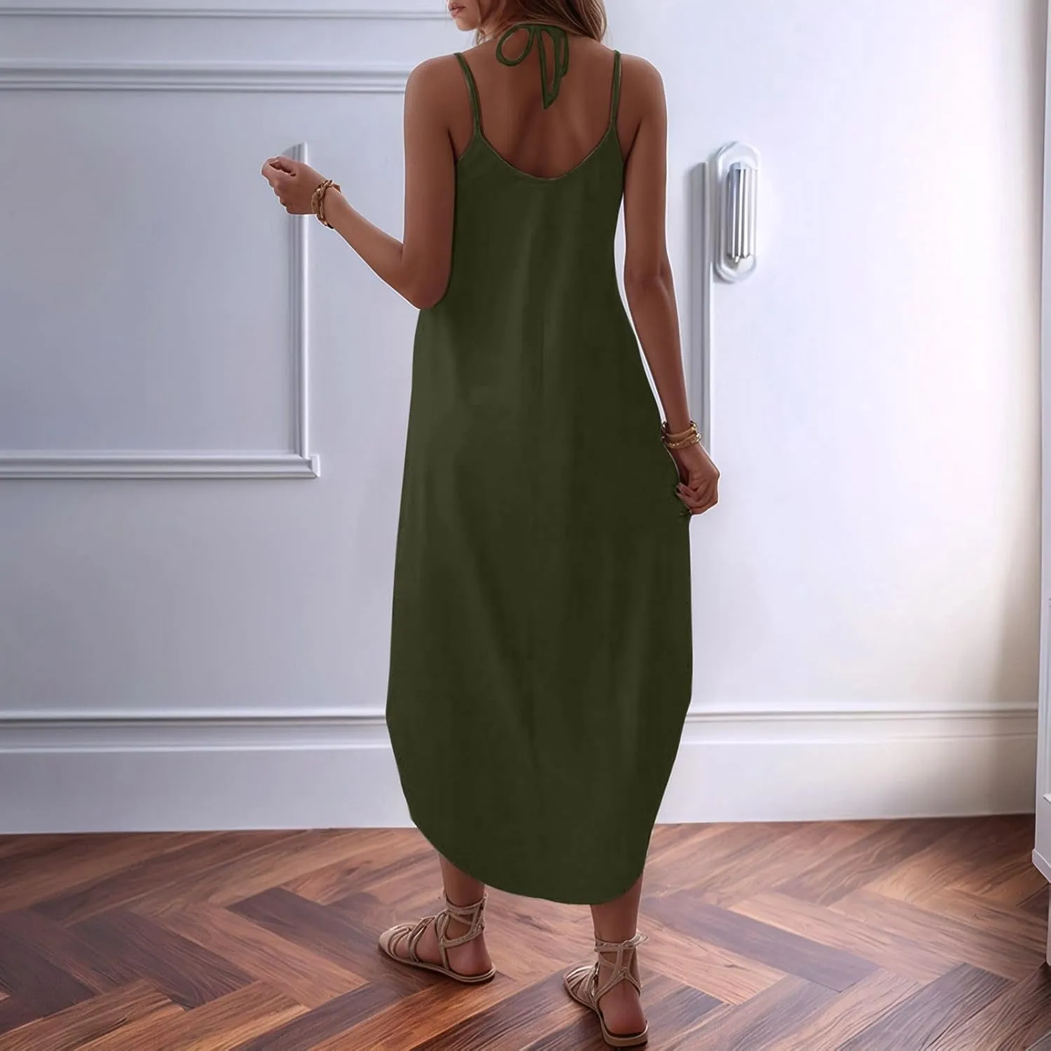 Casual Maxi Dresses for Women Retro Plus Size Spaghetti Straps Flowy Swimwear Coverups Dress Summer Beach Travel Outfits