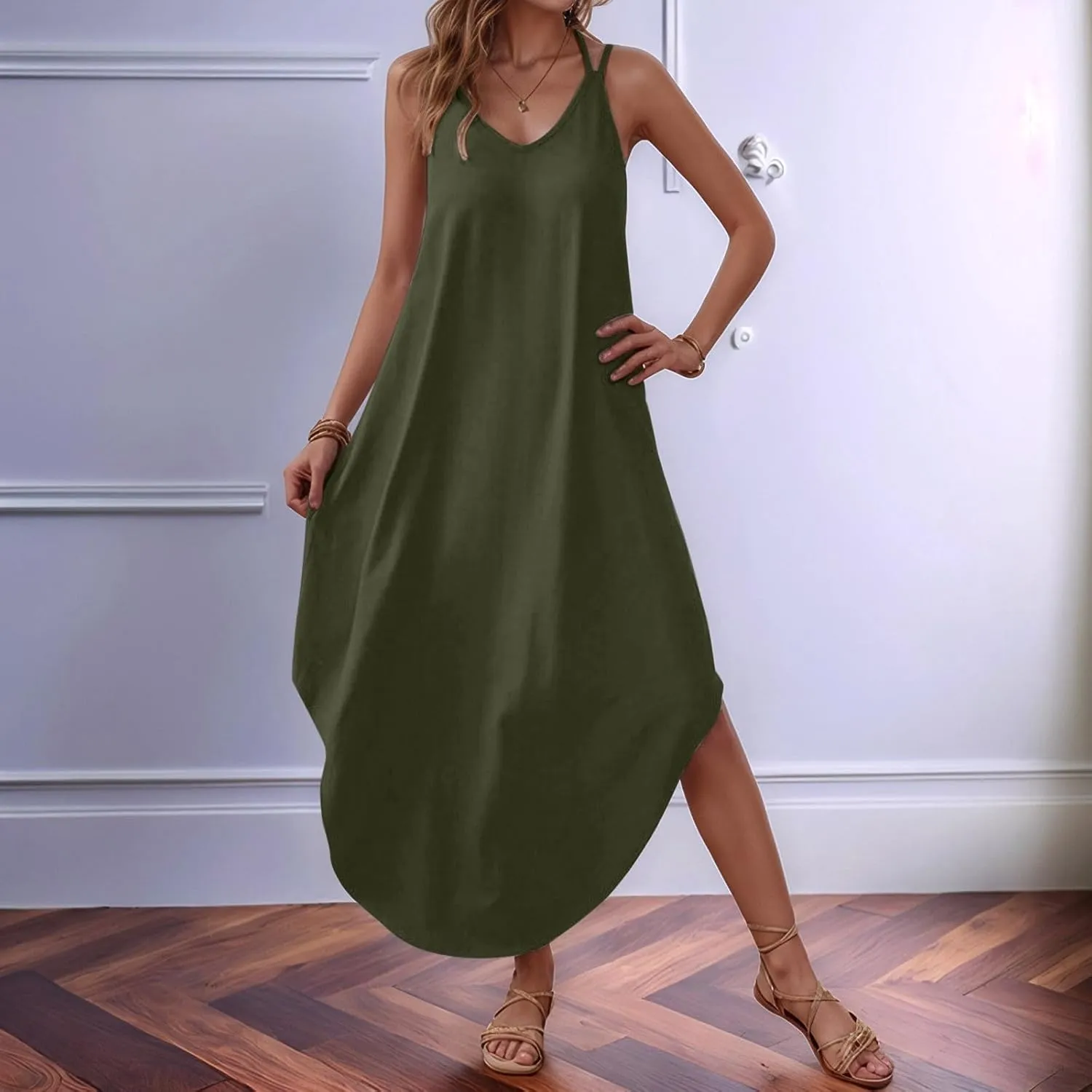 Casual Maxi Dresses for Women Retro Plus Size Spaghetti Straps Flowy Swimwear Coverups Dress Summer Beach Travel Outfits