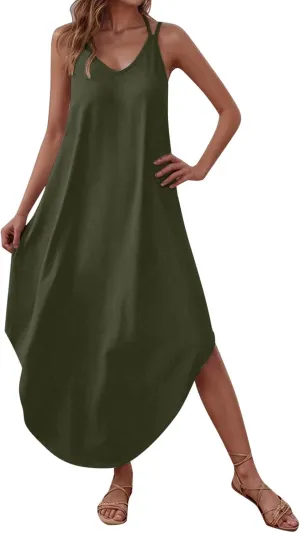 Casual Maxi Dresses for Women Retro Plus Size Spaghetti Straps Flowy Swimwear Coverups Dress Summer Beach Travel Outfits