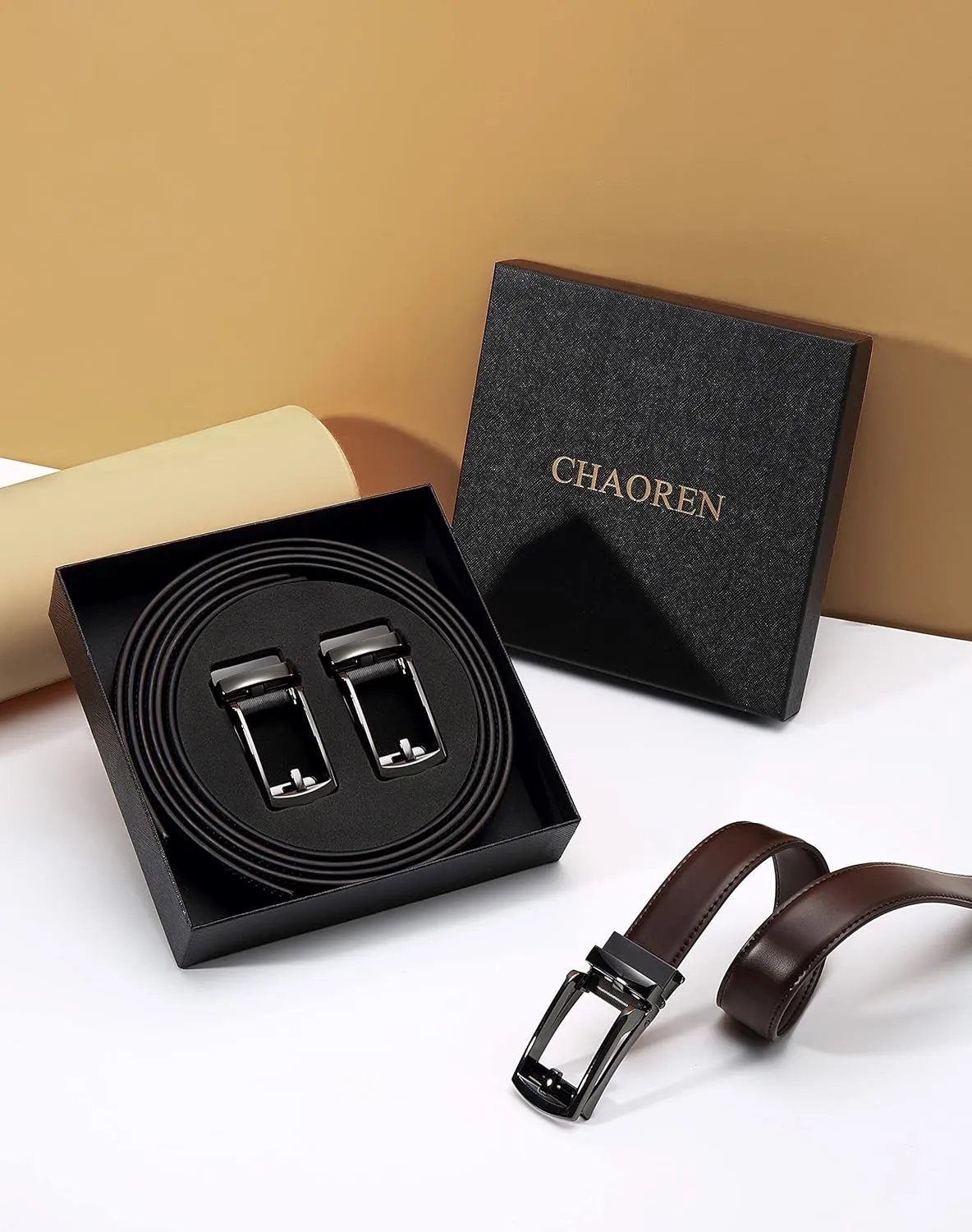 CHAOREN Click Belt for Men 2 Pack - Mens Dress Belt 1 1/4" in Packing Box - Design Belt Meet Almost Any Occasion and Outfit