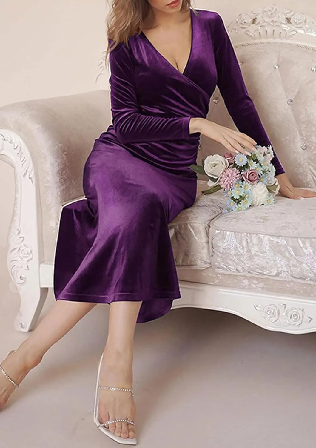 CHARTOU Women Bodycon Maxi Velvet Dress Long Sleeve Formal Dress Cocktail Wedding Quest Dress Wrap Evening Gown