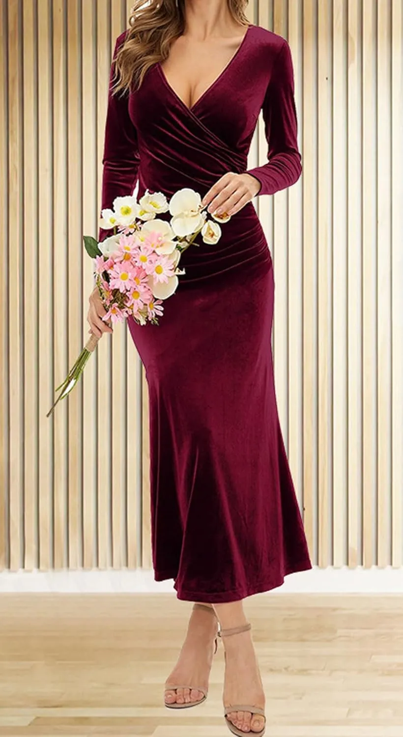 CHARTOU Women Bodycon Maxi Velvet Dress Long Sleeve Formal Dress Cocktail Wedding Quest Dress Wrap Evening Gown