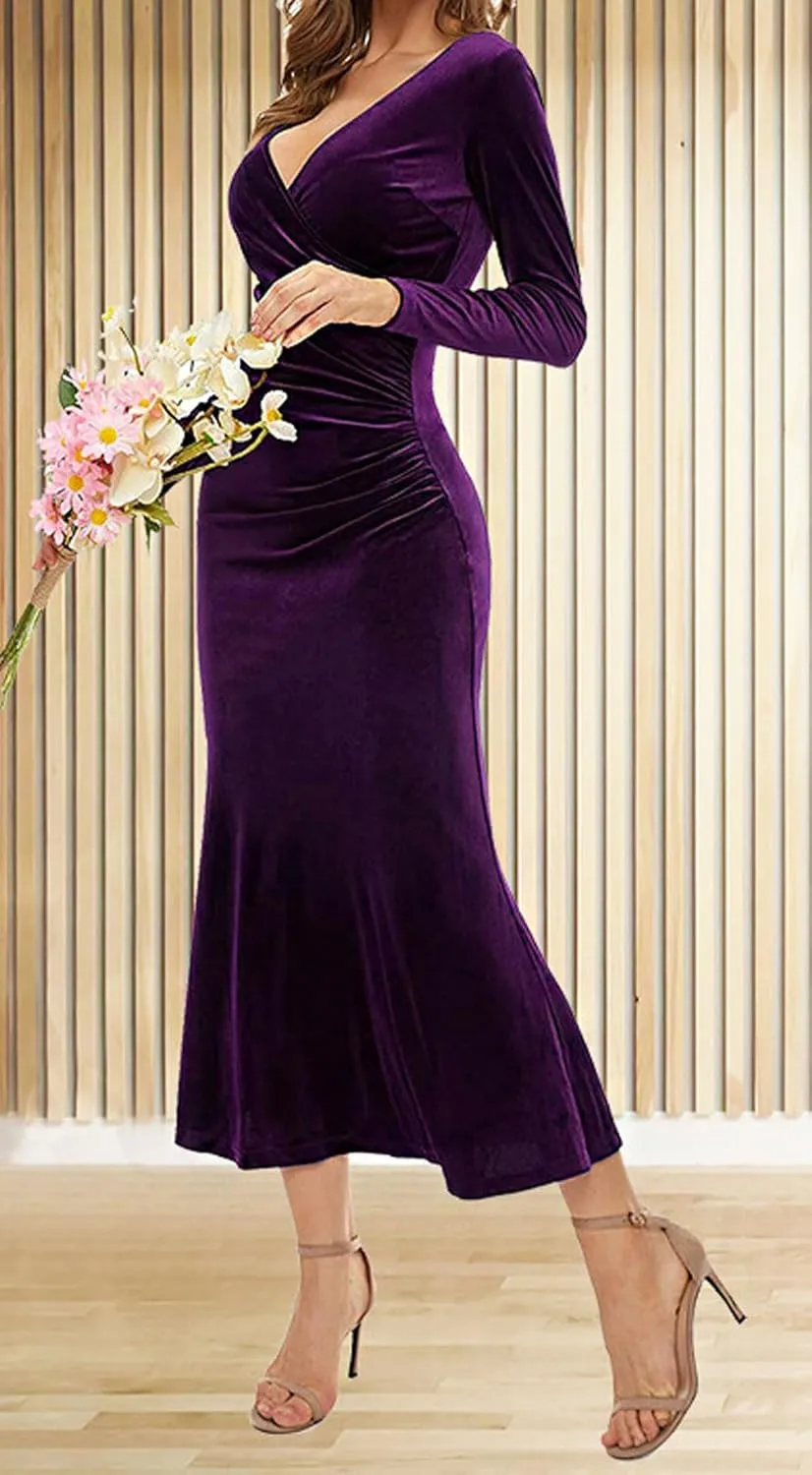 CHARTOU Women Bodycon Maxi Velvet Dress Long Sleeve Formal Dress Cocktail Wedding Quest Dress Wrap Evening Gown