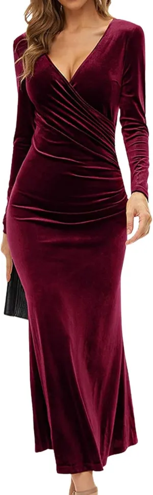 CHARTOU Women Bodycon Maxi Velvet Dress Long Sleeve Formal Dress Cocktail Wedding Quest Dress Wrap Evening Gown