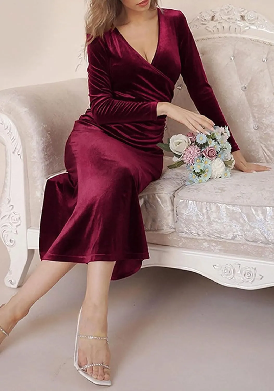 CHARTOU Women Bodycon Maxi Velvet Dress Long Sleeve Formal Dress Cocktail Wedding Quest Dress Wrap Evening Gown