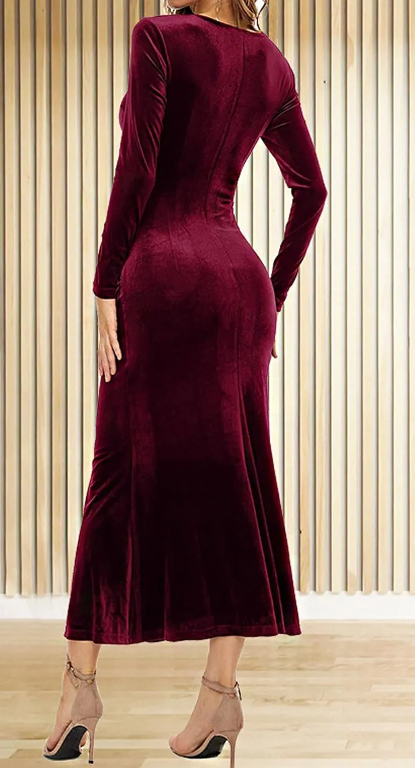 CHARTOU Women Bodycon Maxi Velvet Dress Long Sleeve Formal Dress Cocktail Wedding Quest Dress Wrap Evening Gown