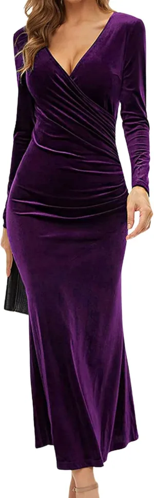 CHARTOU Women Bodycon Maxi Velvet Dress Long Sleeve Formal Dress Cocktail Wedding Quest Dress Wrap Evening Gown