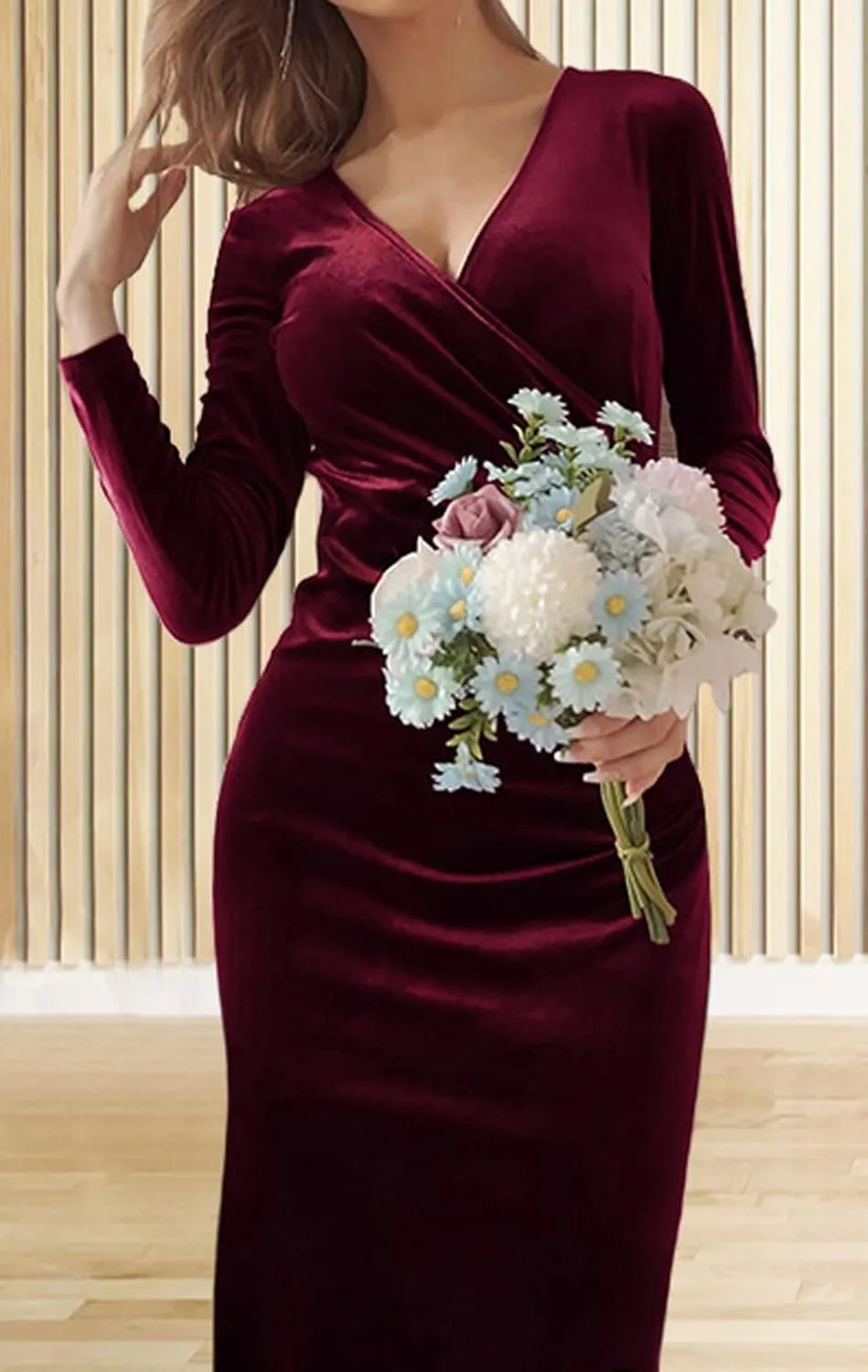 CHARTOU Women Bodycon Maxi Velvet Dress Long Sleeve Formal Dress Cocktail Wedding Quest Dress Wrap Evening Gown