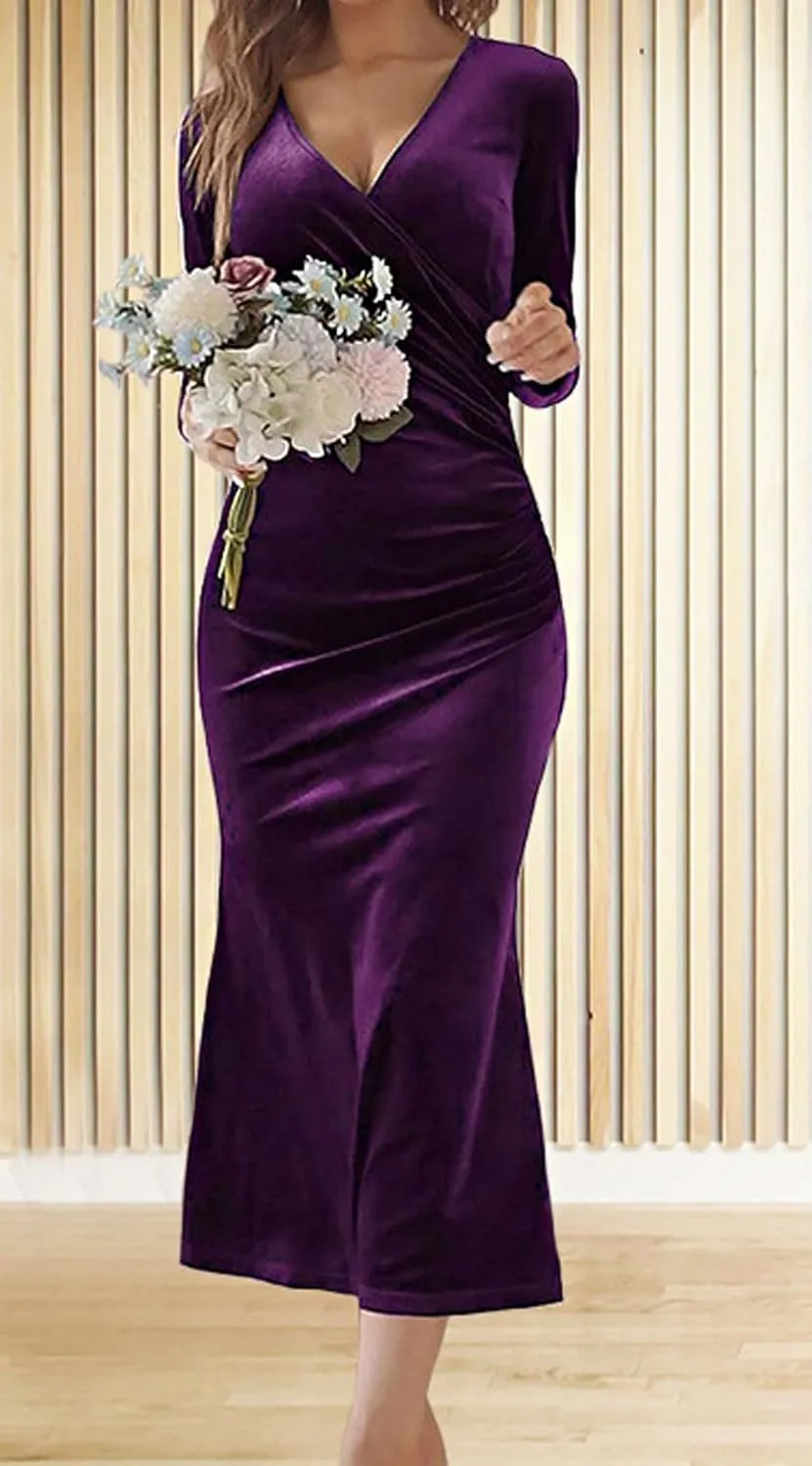 CHARTOU Women Bodycon Maxi Velvet Dress Long Sleeve Formal Dress Cocktail Wedding Quest Dress Wrap Evening Gown