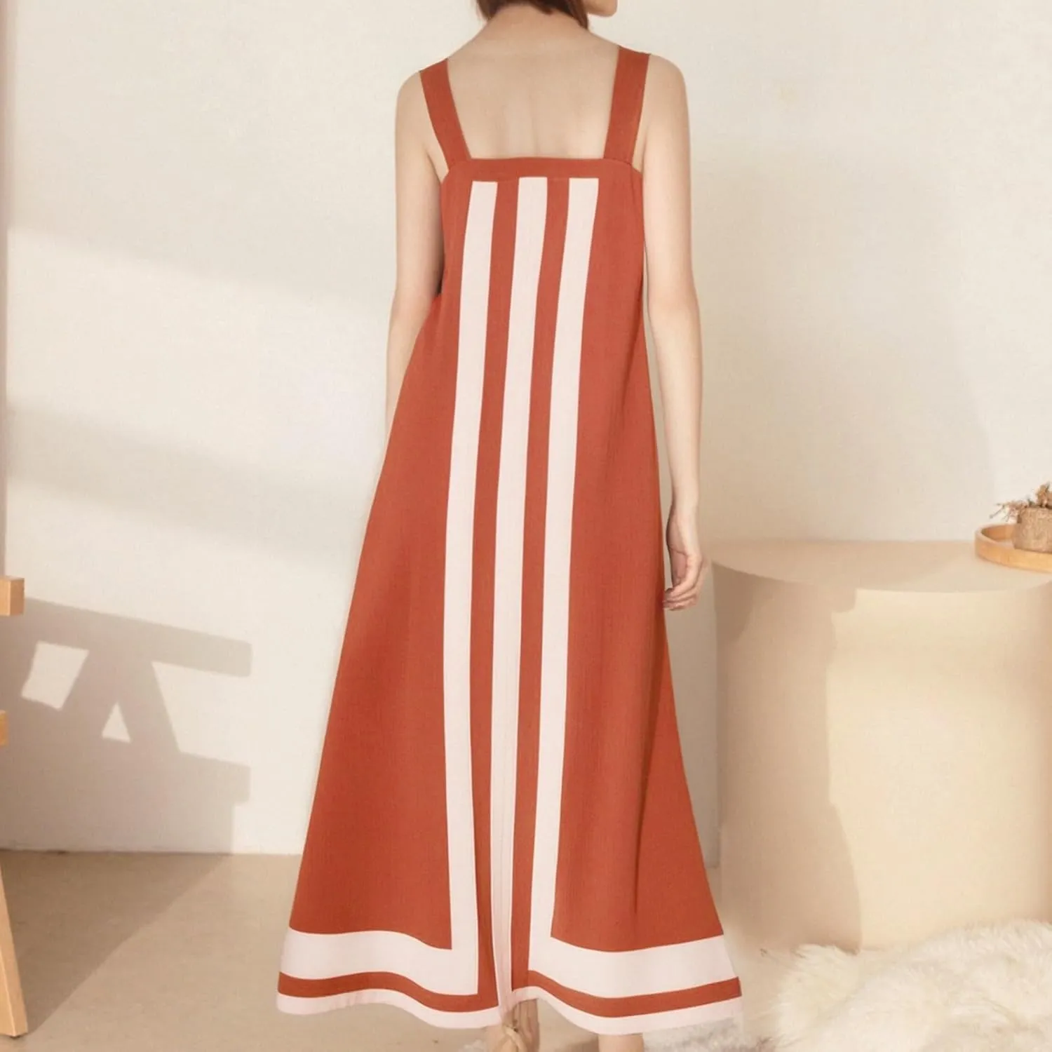 Color Block Dress for Women Summer Maxi Sleeveless Boho Floral Sundress Flowy Zipper Shoulder Strap Beach Overall Dress