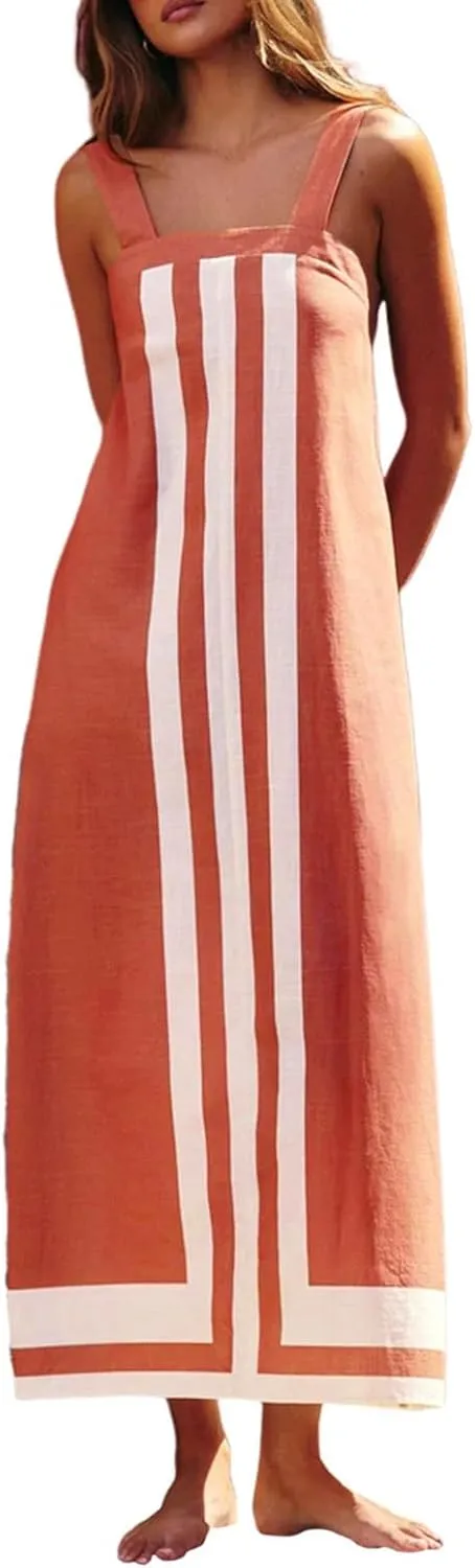 Color Block Dress for Women Summer Maxi Sleeveless Boho Floral Sundress Flowy Zipper Shoulder Strap Beach Overall Dress
