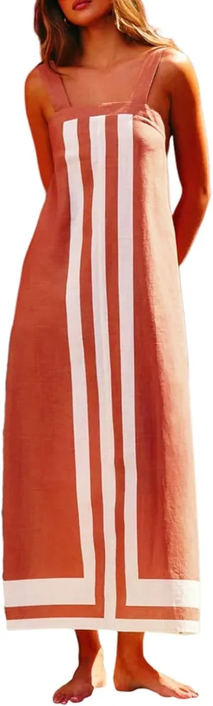 Color Block Dress for Women Summer Maxi Sleeveless Boho Floral Sundress Flowy Zipper Shoulder Strap Beach Overall Dress