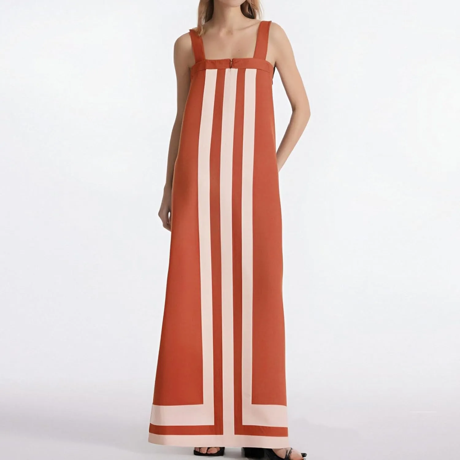 Color Block Dress for Women Summer Maxi Sleeveless Boho Floral Sundress Flowy Zipper Shoulder Strap Beach Overall Dress