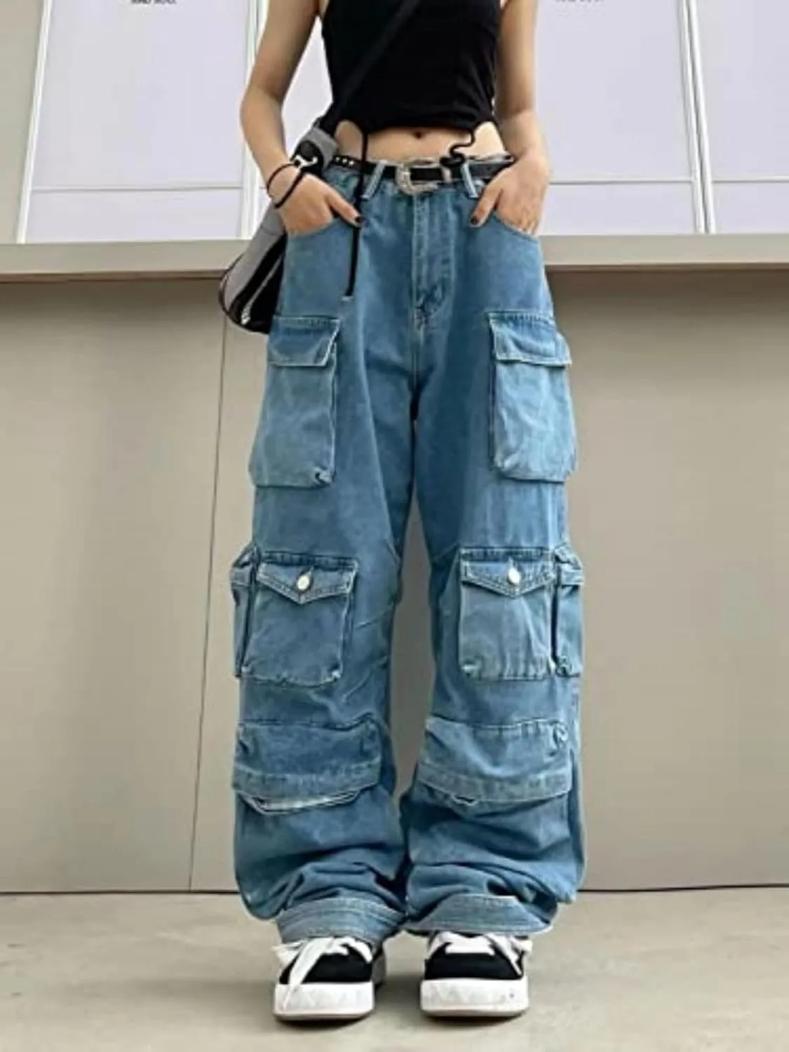 CosTribe Women's Baggy Cargo Pants Multi-Pocket Jeans Y2k High Waist Straight Wide Leg Fashion Jeans Streetwear