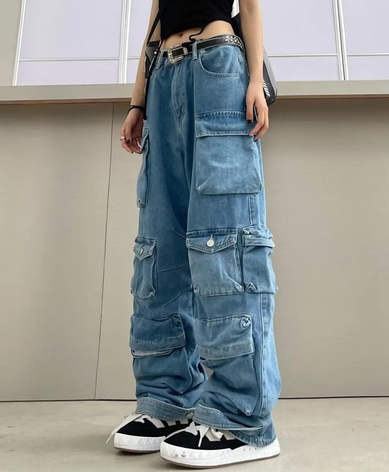 CosTribe Women's Baggy Cargo Pants Multi-Pocket Jeans Y2k High Waist Straight Wide Leg Fashion Jeans Streetwear
