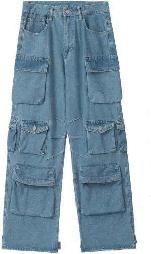 CosTribe Women's Baggy Cargo Pants Multi-Pocket Jeans Y2k High Waist Straight Wide Leg Fashion Jeans Streetwear