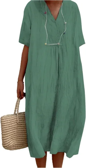 Cotton and Linen V-Neck Midi Dress Summer Casual Loose Short Sleeve T Shirts Long Dresses Comfortable Lounge Dresses