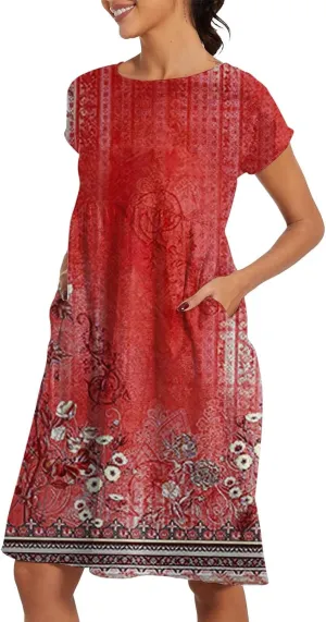 Cotton Dresses for Women 2025 Summer Short Sleeve Midi Dress Casual Loose Beach Dress with Pockets Vacation Outfits