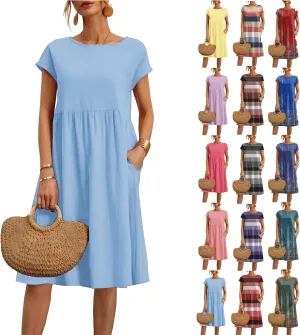Cotton Dresses for Women 2025 Summer Short Sleeve Midi Dress Casual Loose Beach Dress with Pockets Vacation Outfits