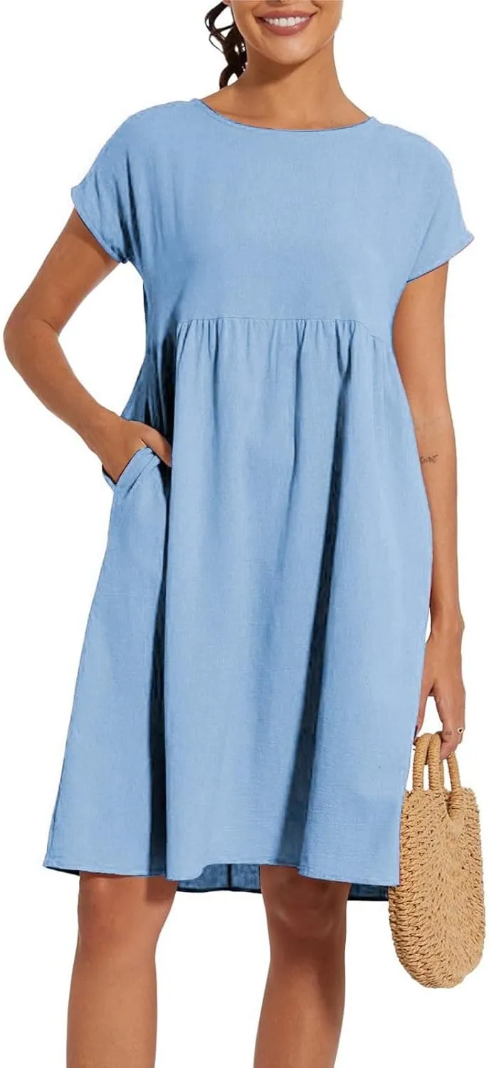 Cotton Dresses for Women 2025 Summer Short Sleeve Midi Dress Casual Loose Beach Dress with Pockets Vacation Outfits