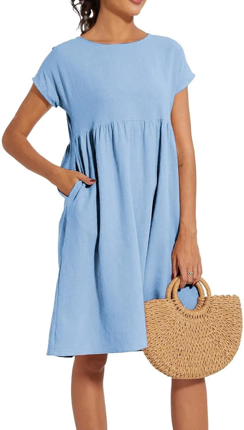 Cotton Dresses for Women 2025 Summer Short Sleeve Midi Dress Casual Loose Beach Dress with Pockets Vacation Outfits