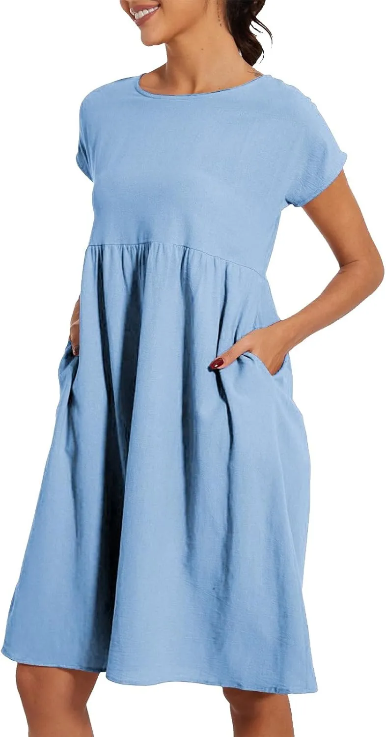 Cotton Dresses for Women 2025 Summer Short Sleeve Midi Dress Casual Loose Beach Dress with Pockets Vacation Outfits