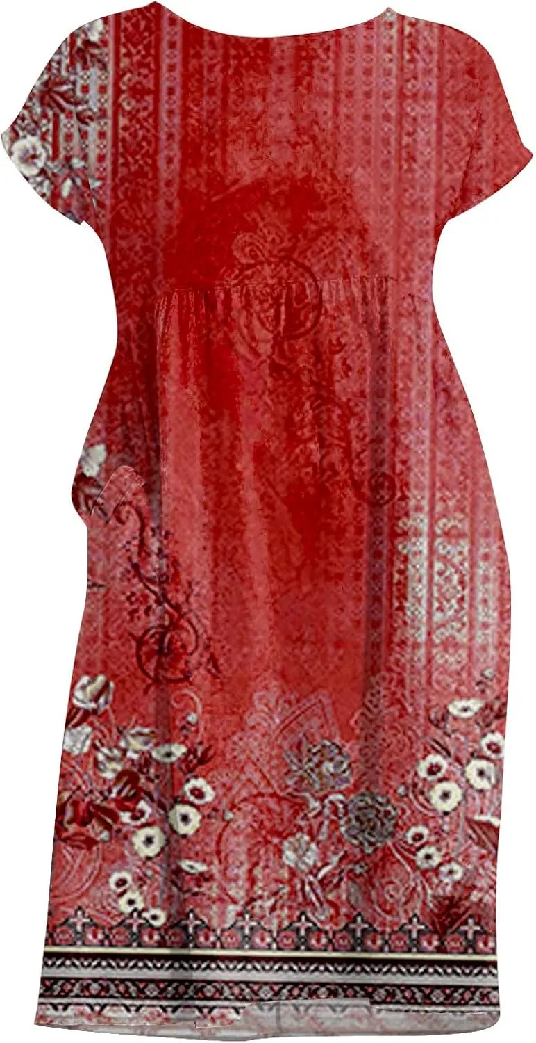 Cotton Dresses for Women 2025 Summer Short Sleeve Midi Dress Casual Loose Beach Dress with Pockets Vacation Outfits