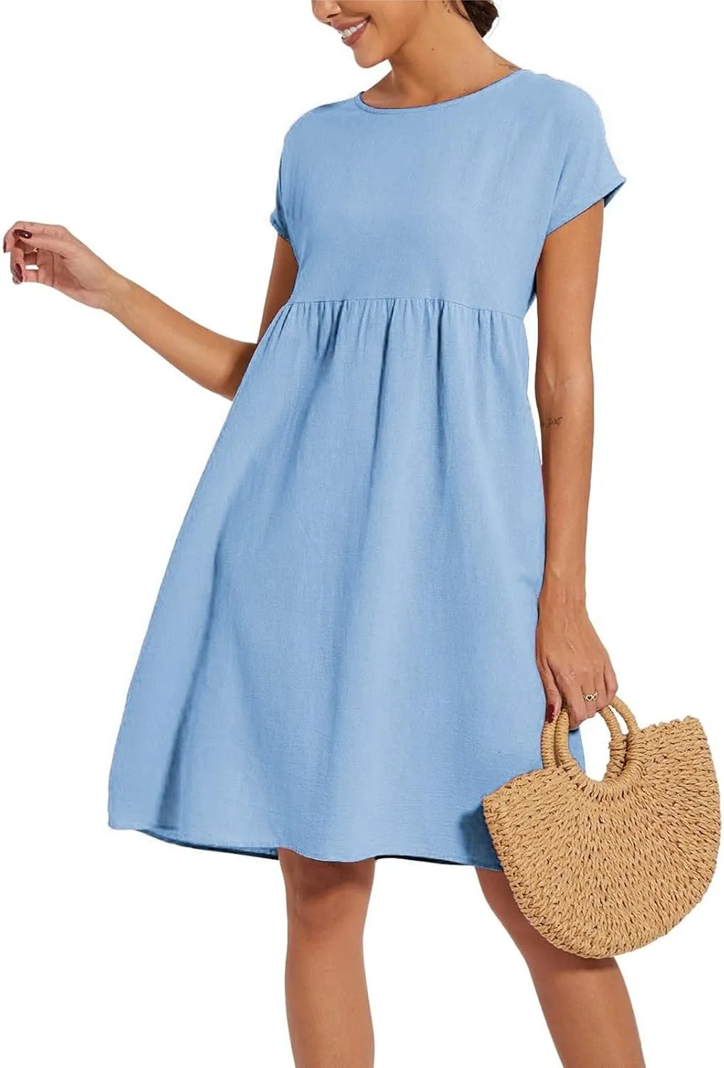 Cotton Dresses for Women 2025 Summer Short Sleeve Midi Dress Casual Loose Beach Dress with Pockets Vacation Outfits