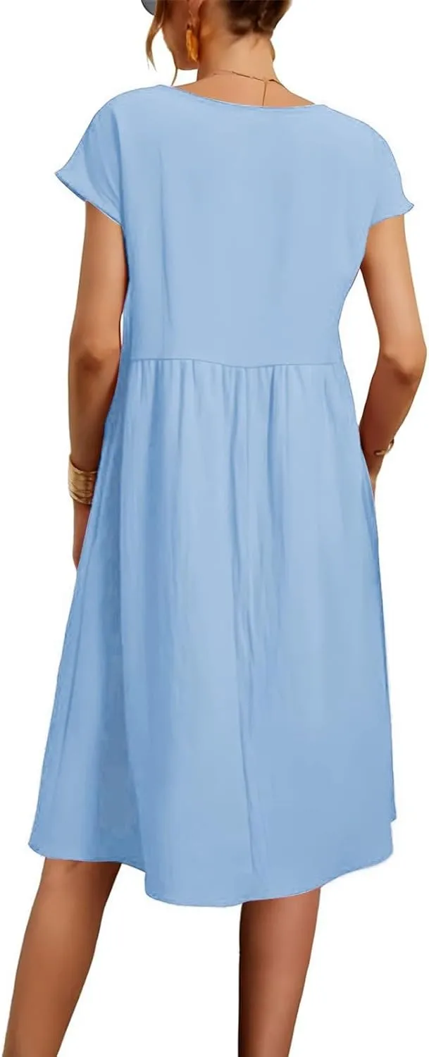 Cotton Dresses for Women 2025 Summer Short Sleeve Midi Dress Casual Loose Beach Dress with Pockets Vacation Outfits