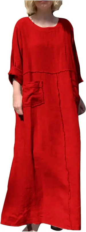 Cotton Linen Dresses for Women 2025 Long Sleeve Crewneck Maxi Dresses Pleated Plus Size Flowy Dress with Pockets