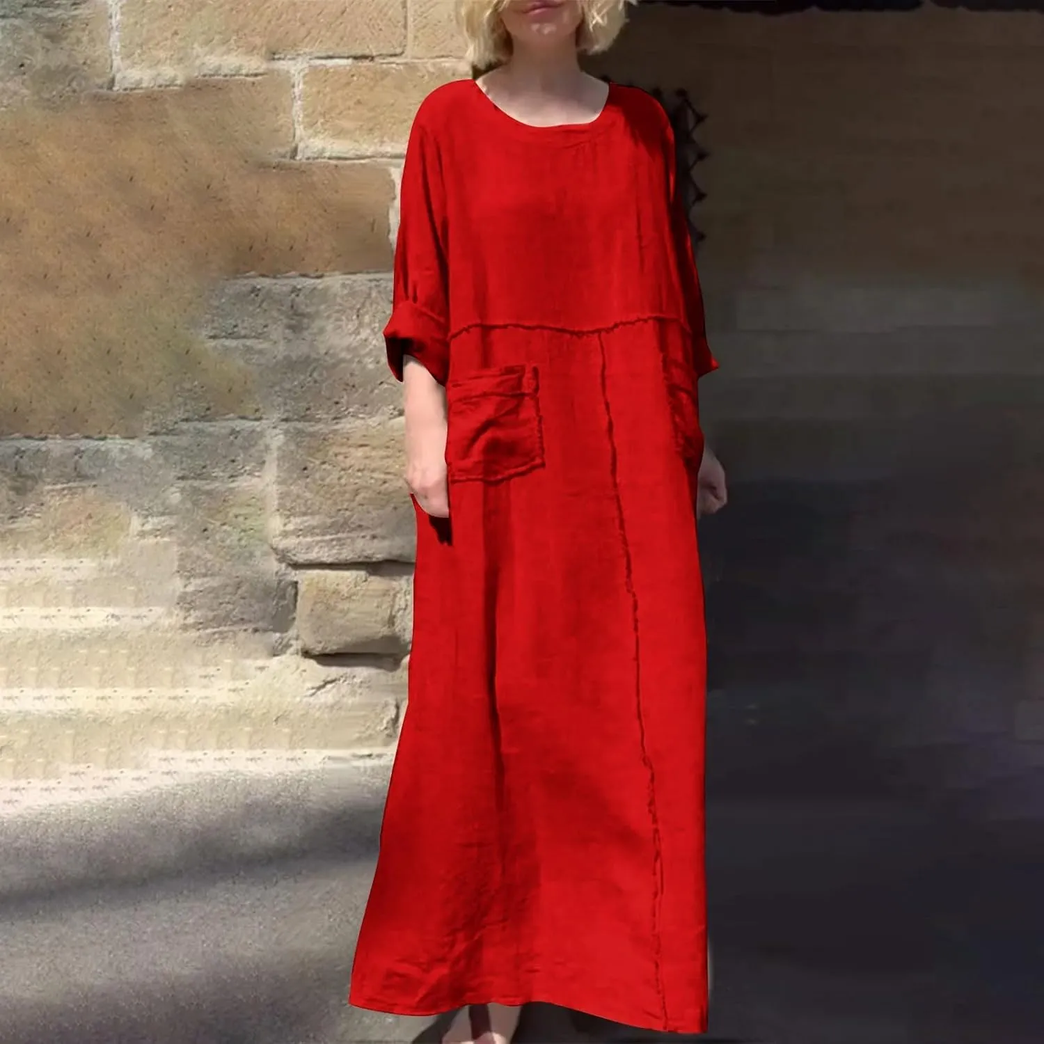 Cotton Linen Dresses for Women 2025 Long Sleeve Crewneck Maxi Dresses Pleated Plus Size Flowy Dress with Pockets
