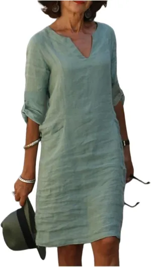 Cotton Linen Dresses for Women Loose Casual Long Sleeve V Neck Knee Length Mini Dress Elegant Plain Shirt Midi Dress