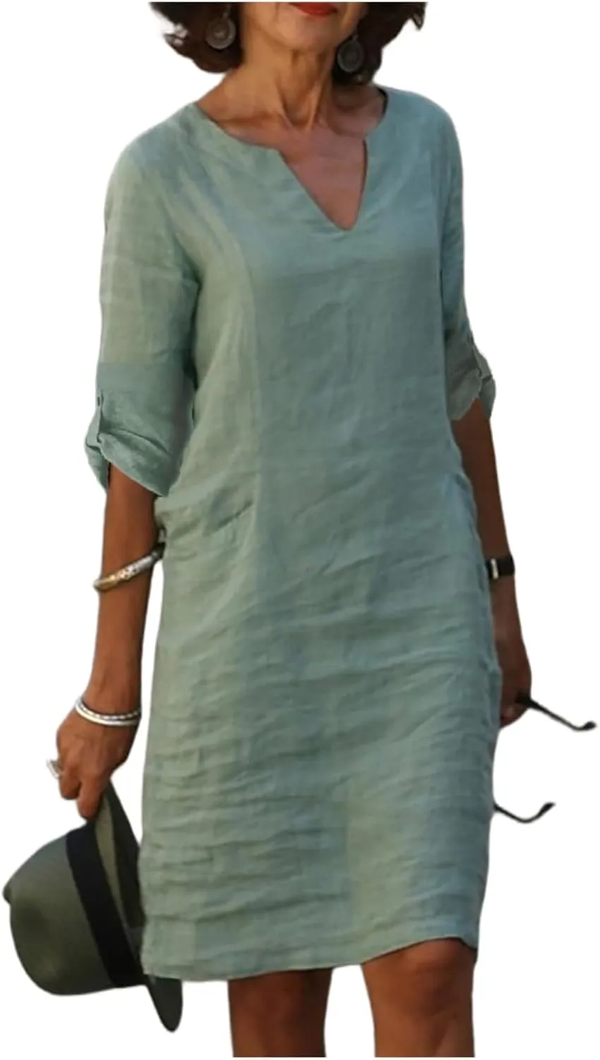 Cotton Linen Dresses for Women Loose Casual Long Sleeve V Neck Knee Length Mini Dress Elegant Plain Shirt Midi Dress