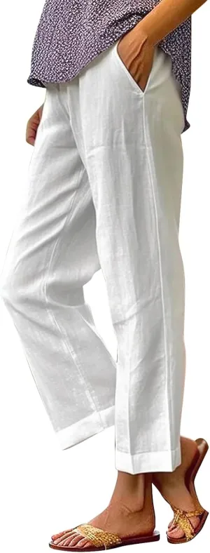 Cotton Linen Pants Women 2025 Summer Elastic Waist Crop Pants Plus Size Straight Leg Slack Trouser with Pocket