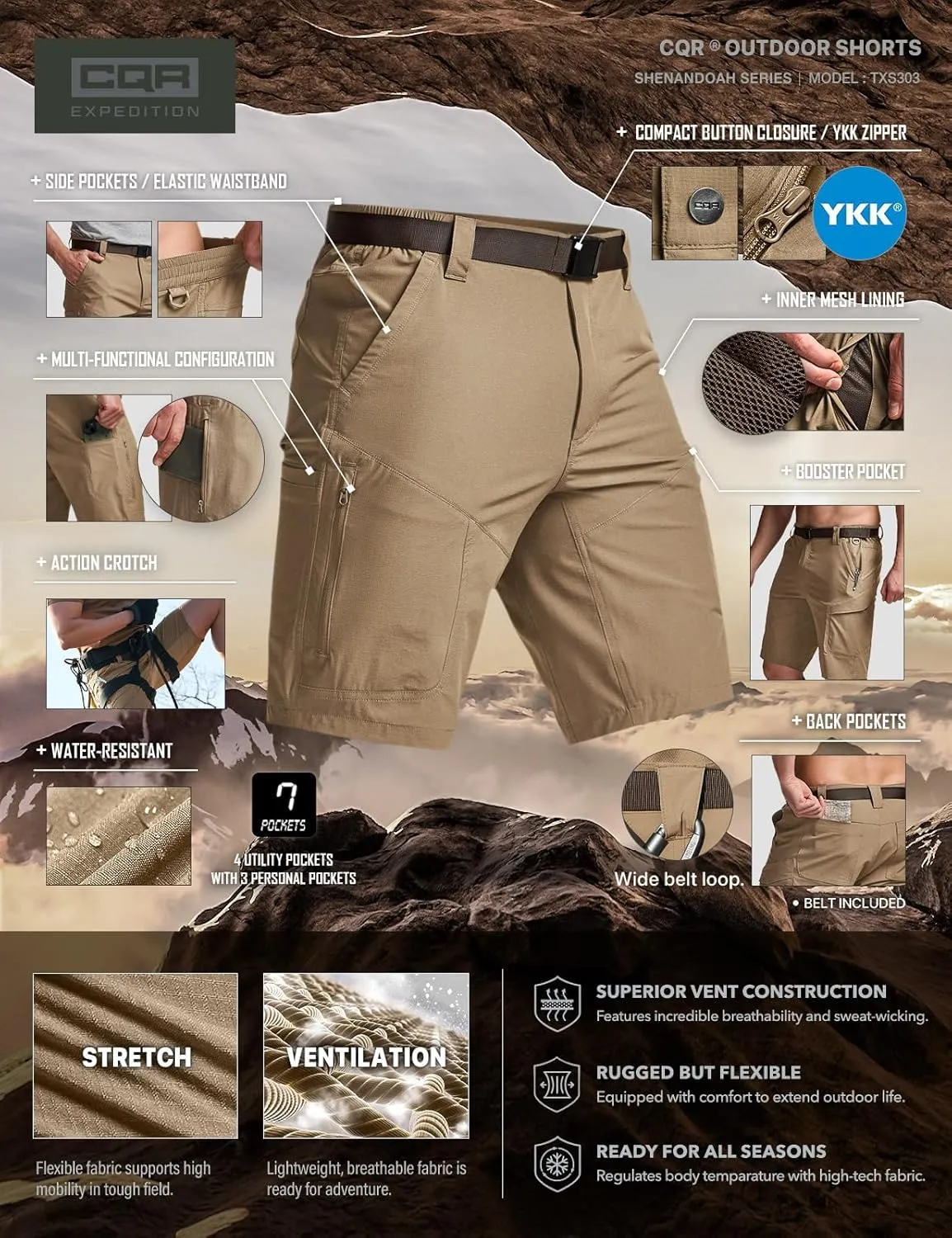 CQR Men's Hiking Cargo Shorts, Quick Dry Stretch Tactical Outdoor Shorts, Lightweight Camping Golf Shorts with Multi Pockets