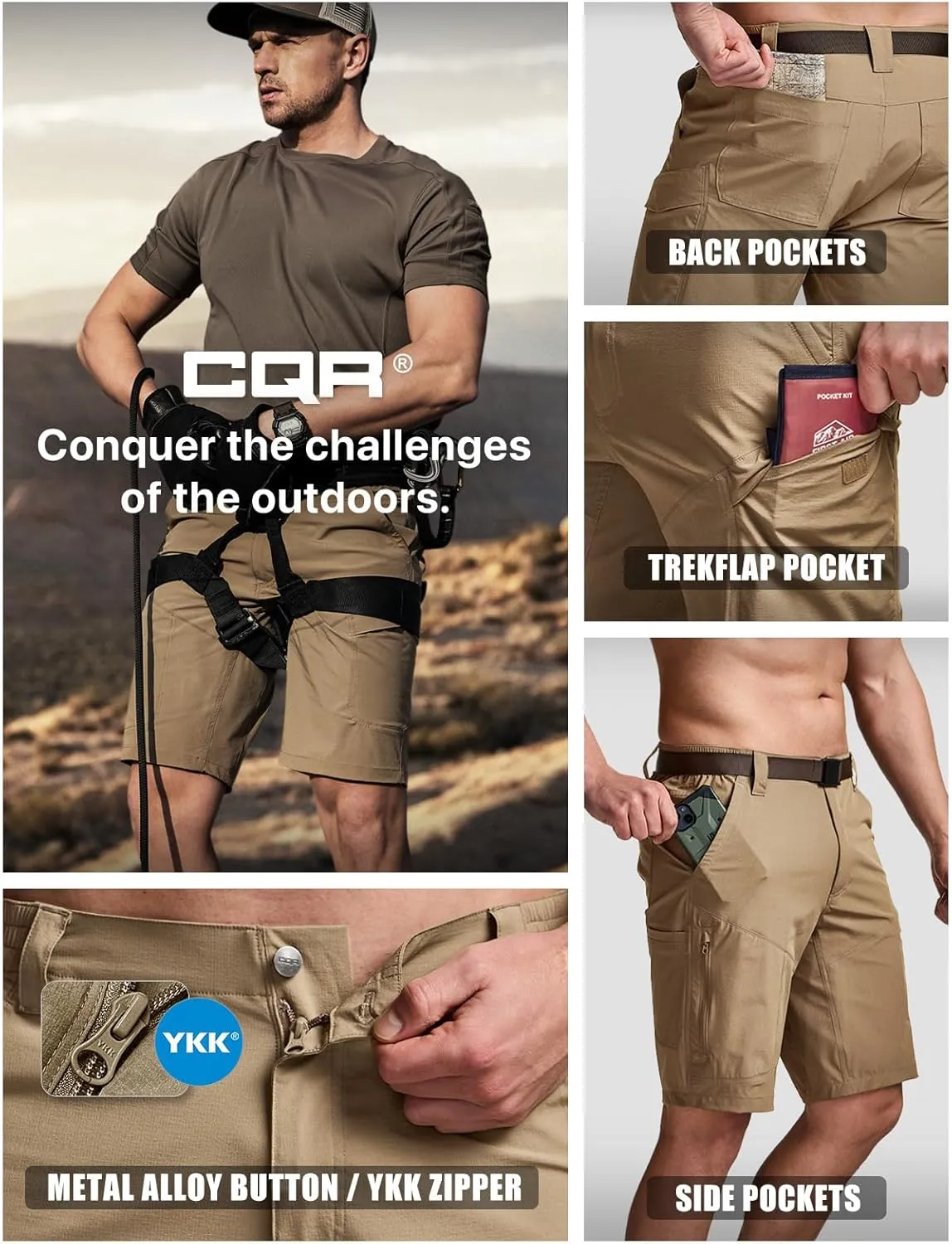 CQR Men's Hiking Cargo Shorts, Quick Dry Stretch Tactical Outdoor Shorts, Lightweight Camping Golf Shorts with Multi Pockets