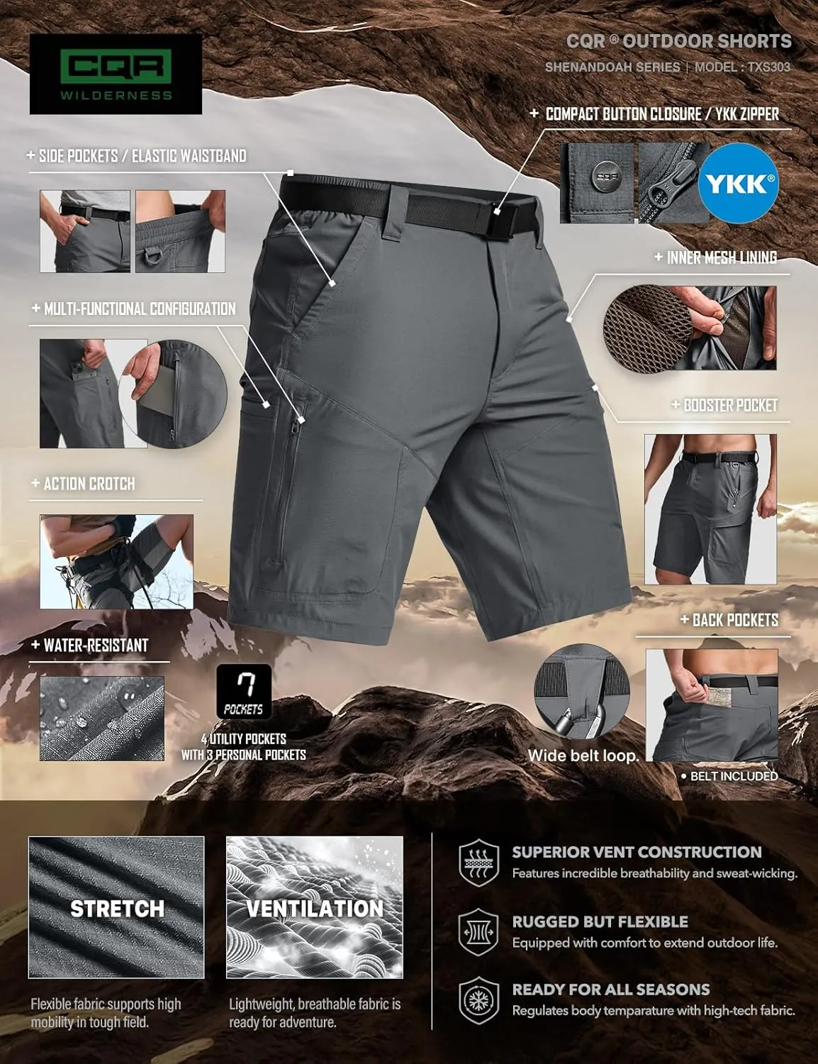 CQR Men's Hiking Cargo Shorts, Quick Dry Stretch Tactical Outdoor Shorts, Lightweight Camping Golf Shorts with Multi Pockets