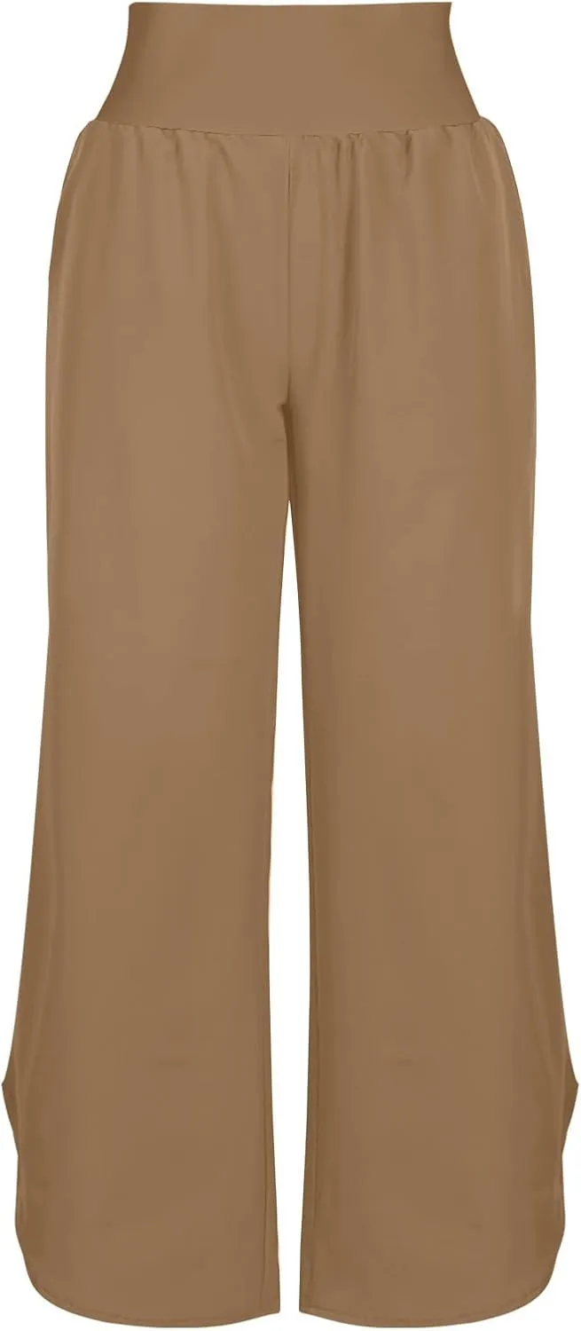 Crop Palazzo Pants for Women 2025 Summer Wide Leg Capris Yoga Pants Side Slit High Waist Capri Pants with Pockets