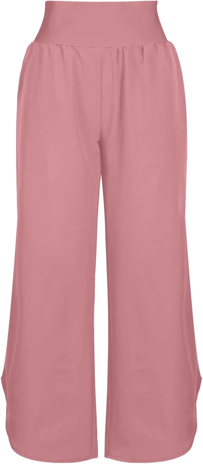 Crop Palazzo Pants for Women 2025 Summer Wide Leg Capris Yoga Pants Side Slit High Waist Capri Pants with Pockets