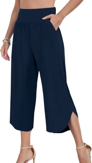 Crop Palazzo Pants for Women 2025 Summer Wide Leg Capris Yoga Pants Side Slit High Waist Capri Pants with Pockets