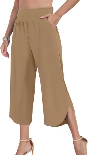 Crop Palazzo Pants for Women 2025 Summer Wide Leg Capris Yoga Pants Side Slit High Waist Capri Pants with Pockets