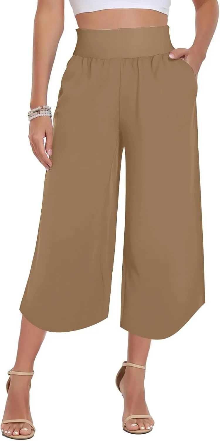 Crop Palazzo Pants for Women 2025 Summer Wide Leg Capris Yoga Pants Side Slit High Waist Capri Pants with Pockets