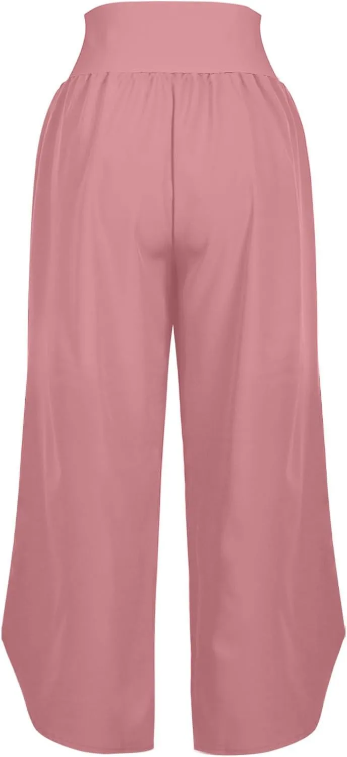 Crop Palazzo Pants for Women 2025 Summer Wide Leg Capris Yoga Pants Side Slit High Waist Capri Pants with Pockets
