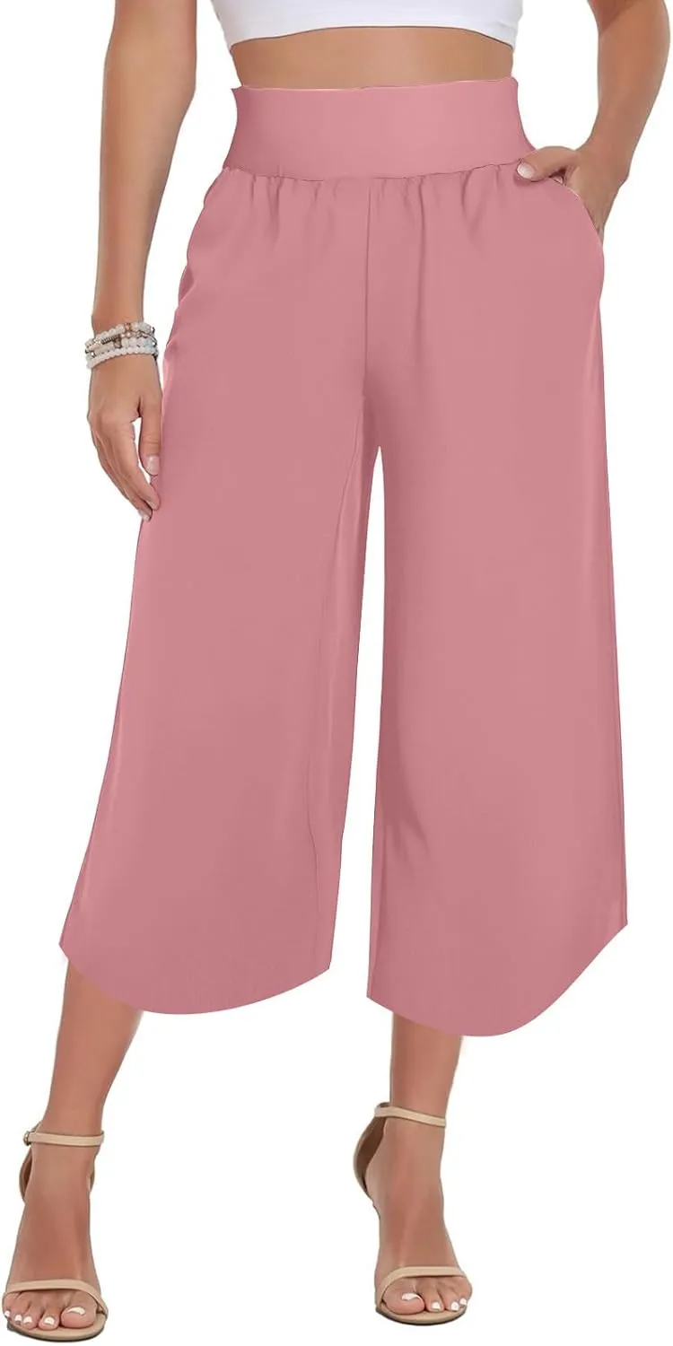 Crop Palazzo Pants for Women 2025 Summer Wide Leg Capris Yoga Pants Side Slit High Waist Capri Pants with Pockets